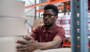 african-american-warehouse-employee-adjusting-boxes